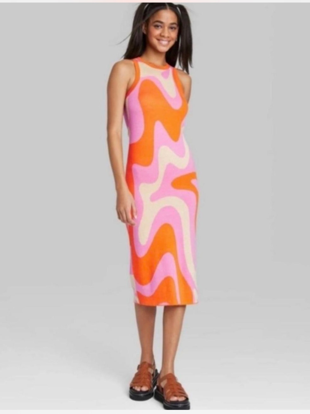 Wild Fable groovy print orange and pink abstract knit dress Size Large